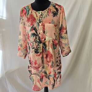 Figs and flower women S floral 3/4 sleeve tropical sheer tunic front pockets